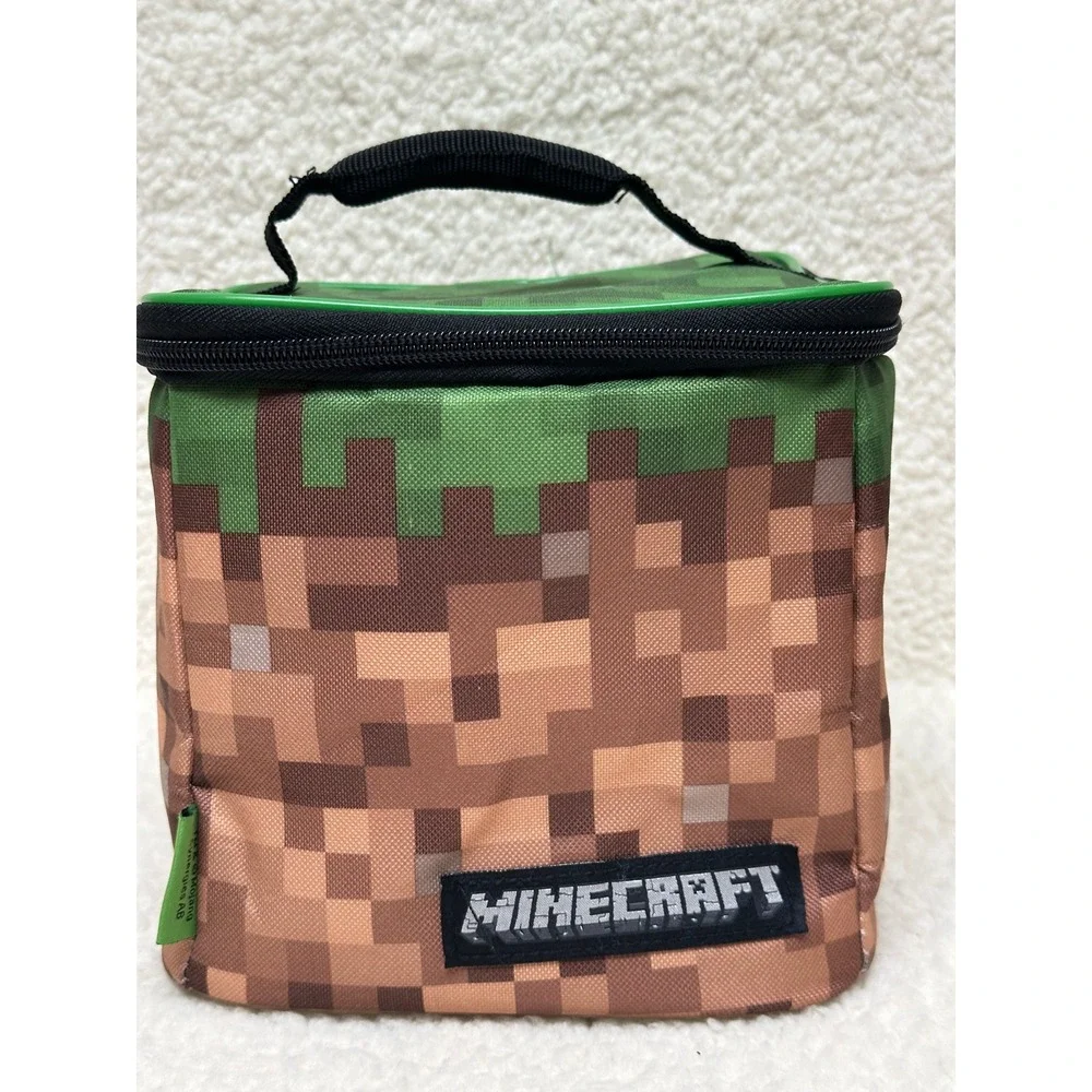 Thermos Minecraft Lunch Box Green Brown Pixelated Grass Block Insulated Bag